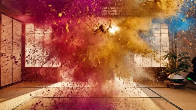 A traditional room with tatami mat and shoji screens has colorful powder explosion
