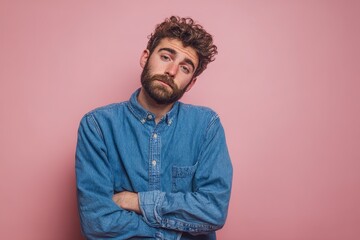 Obraz premium Portrait of a sad bearded man in a blue shirt showing an empty pocket against a pink studio backdrop