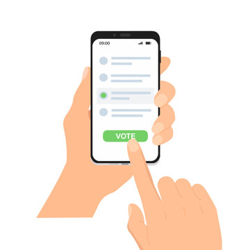 Voting online, e-voting or elections concept. hand voting via smartphone app. Modern electronic voting system for election internet system. 