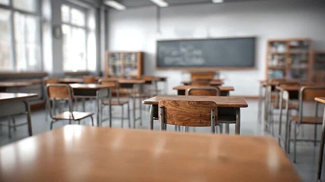 Empty classroom with wooden desks and chairs ready for students to learn