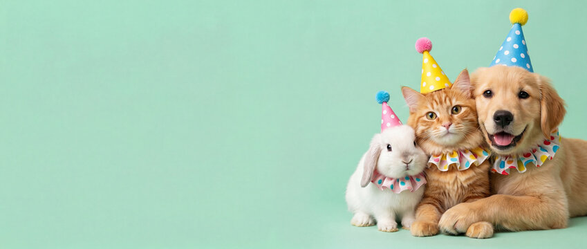 Adorable ginger cat, golden retriever puppy, and white bunny wearing colorful party hats and polka dot collars