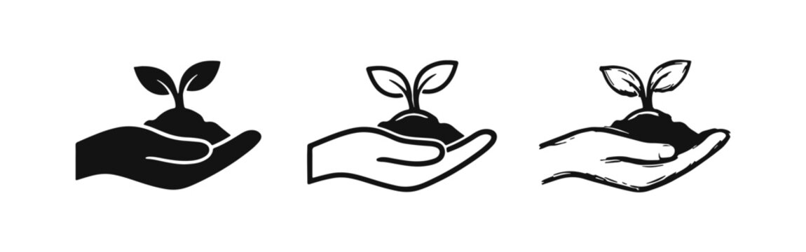 Hand holding plant seedling icon set, growth and environmental care concept for nature protection and gardening