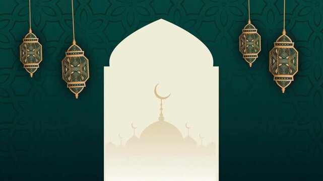 footage 4k with copy space, Ramadan kareem background. mosque and moon, Eid al-Fitr and Eid al-Adha celebrations, place for text greeting banner