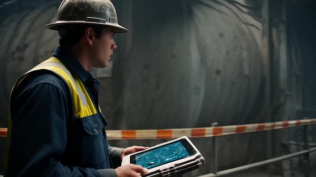 Latin American man in hard hat and vest uses tablet for AI safety monitoring on factory floor