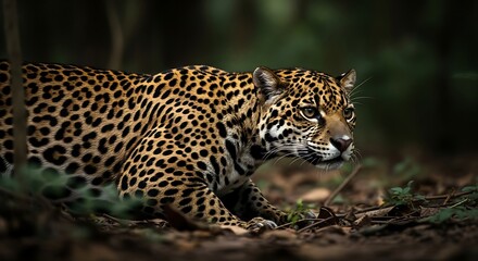 Fototapeta premium A powerful jaguar, an apex predator, stalks through the dense jungle undergrowth, its spotted coat blending into the shadows of its natural habitat