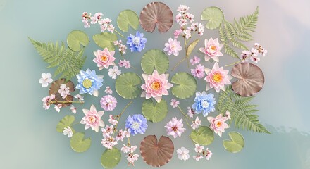 Top View of Mixed Colorful Flowers and Green Lily Pads Floating on Pond Water Aesthetic Floral Background for Wellness