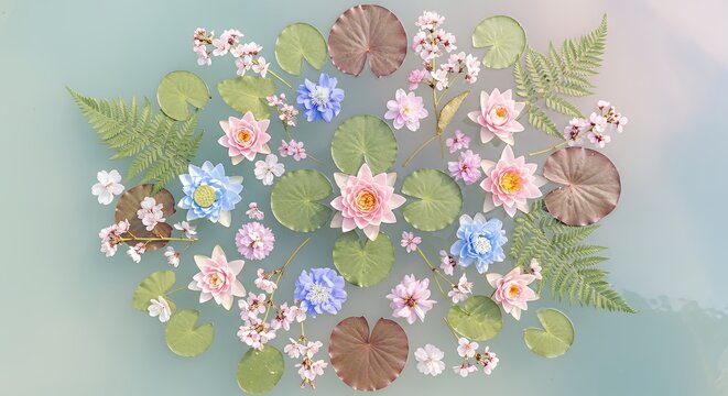 Top View of Mixed Colorful Flowers and Green Lily Pads Floating on Pond Water Aesthetic Floral Background for Wellness