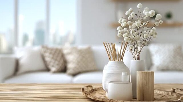 Wooden table with decorative items in a blurred modern living room background