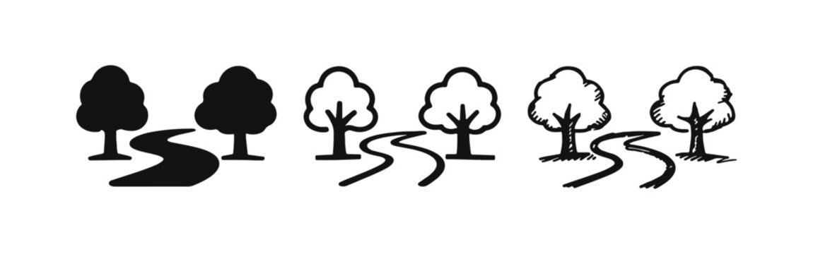 Winding Road and Trees Icon Set - Nature Path, Park Landscape, and Scenic Route Vector Illustration
