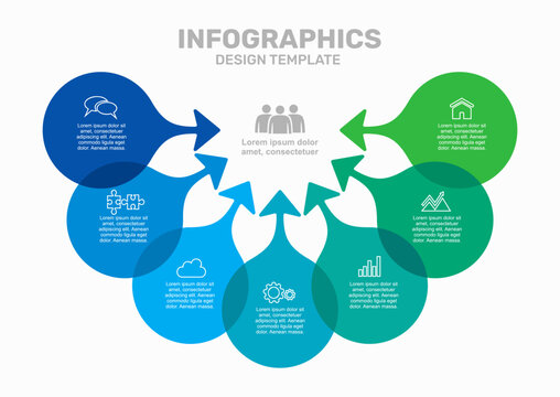 Colorful circular infographic with upward arrows, icons, and text sections for business and data presentation. Vector illustration.
