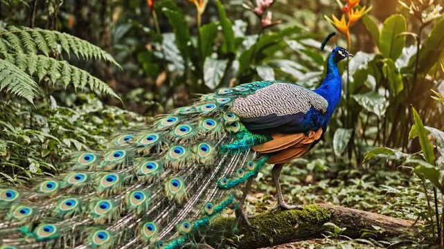 Peacock walking in tropical forest habitat.