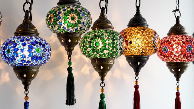 Row of Colorful Mosaic Turkish Lamps Hanging and Glowing With Warm Light