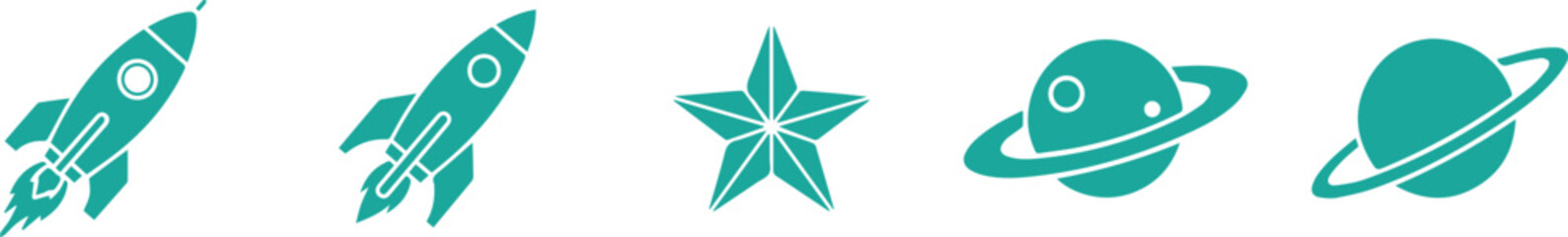 Space Exploration Icons: Rockets, Planets, Stars in Teal © Nayem