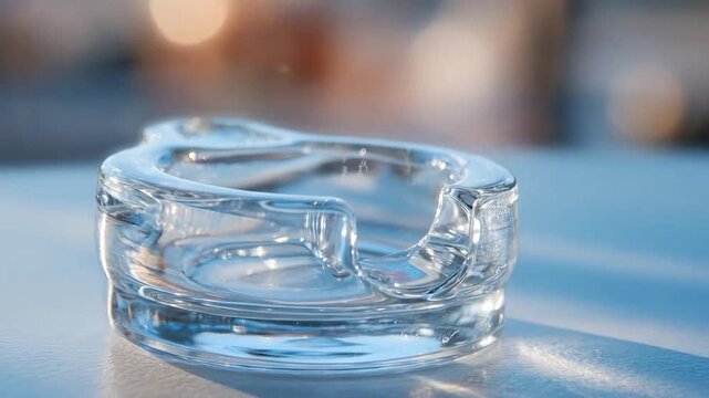 A person's hand extinguishes a cigarette in a clear glass ashtray outdoors.