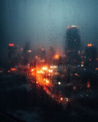 Fototapeta premium City Lights Bokeh Through Rain Drops on Window Glass at Night Moody Urban Scene 
