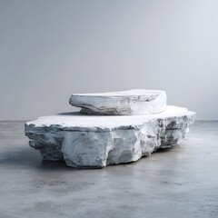 A stack of rough hewn white stone or concrete blocks on a gray floor