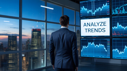 Fototapeta premium Business professional in suit analyzing large digital screens with financial charts and bold text ANALYZE TRENDS, symbolizing stock market strategy and corporate decision-making