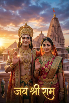 A divine depiction of Lord Rama and Mata Sita in front of the Ayodhya Mandir. Their serene presence and golden attire radiate peace and grace under a sunset sky. Jai Shree Ram!