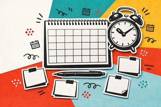 desk calendar, alarm clock and notes arrangement on colorful background for planning concept