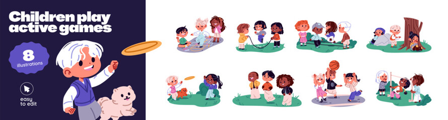 Children have fun outdoors set. Kids play hopscotch, skipping rope, hide and seek, flying disk, sack race, baseball, limbo. Happy friends jumping together. Flat isolated vector illustration on white