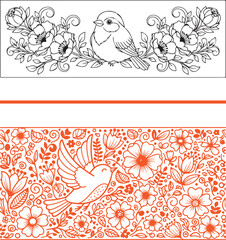 Fototapeta premium Elegant bird vector set: a black-and-white perched songbird flanked by symmetrical floral scrolls, and an orange-ink scene with a bird in flight amidst a dense, whimsical meadow of wildflowers.