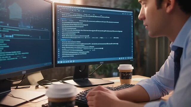 Two developers collaborating at a dual-monitor workstation with AI code suggestion