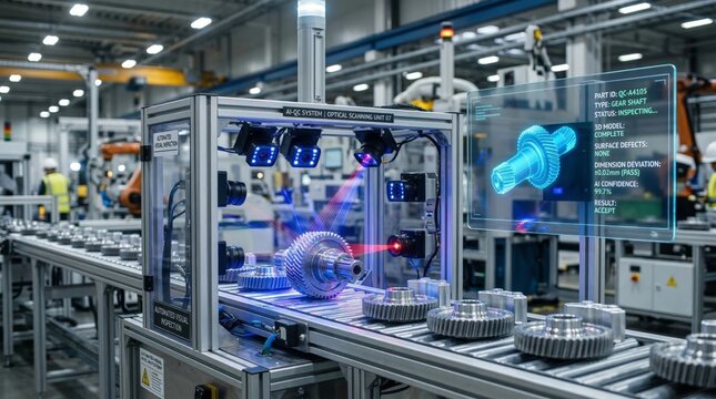 Autonomous robotic line in a high-tech factory performing precision manufacturing tasks. AI industrial robotics, smart assembly process, future engineering and production automation.