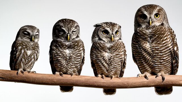 Four Owls Perched on a Branch Against a White Background