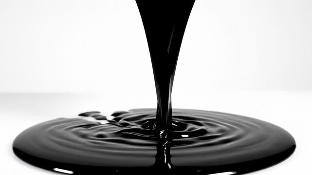 Thick Black Liquid Pouring and Spreading on White Surface, Close-Up Slow Motion