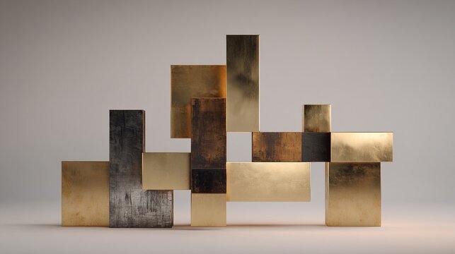 assemblage. A sculptural assemblage of interlocking brass and steel geometric shapes on a grey background. product launch decks, UI/UX mockups, designed for product launches and innovation pitches.