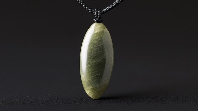 siderite. A slender green jade pendant shaped like a silique on a dark background. event programs, museum guides, designed for cultural heritage projects and event programs, used by fitness trainers.
