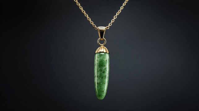 siderite. A slender green jade pendant shaped like a silique on a dark background. event programs, museum guides, designed for cultural heritage projects and event programs, used by fitness trainers.