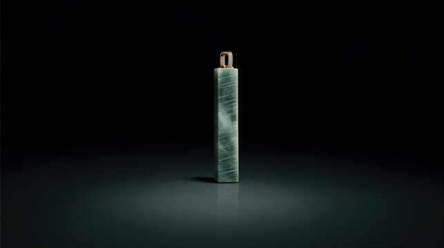 siderite. A slender green jade pendant shaped like a silique on a dark background. event programs, museum guides, designed for cultural heritage projects and event programs, used by fitness trainers.