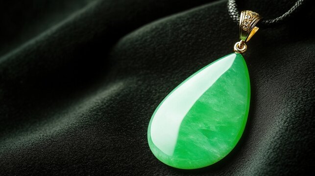 siderite. A slender green jade pendant shaped like a silique on a dark background. event programs, museum guides, designed for cultural heritage projects and event programs, used by fitness trainers.