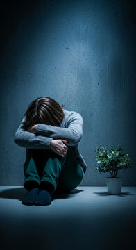 Person sitting with head down, arms around legs, near a potted plant, expressing sadness or despair, representative of isolation, mental health challenges