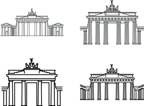 Illustrations of brandenburg gate in berlin, sketch style, various views and details