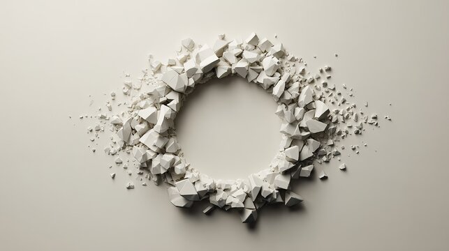 disintegration. A complete circle breaking into irregular fragments, geometric decomposition process. STEM education sheets.