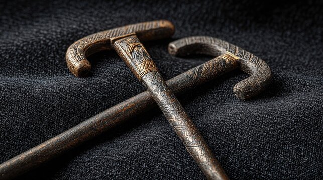 flail. Ancient Egyptian crook and flail crossed on black velvet, ceremonial artifacts. event programs, museum guides, designed for cultural heritage projects and event programs.