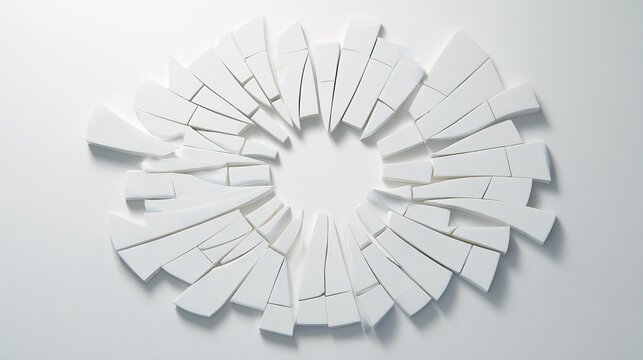 disintegration. A complete circle breaking into irregular fragments, geometric decomposition process. STEM education sheets.