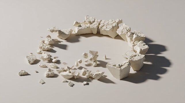 disintegration. A complete circle breaking into irregular fragments, geometric decomposition process. STEM education sheets.