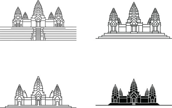 Set of angkor wat illustrations, khmer temple complex, sketch style, different views