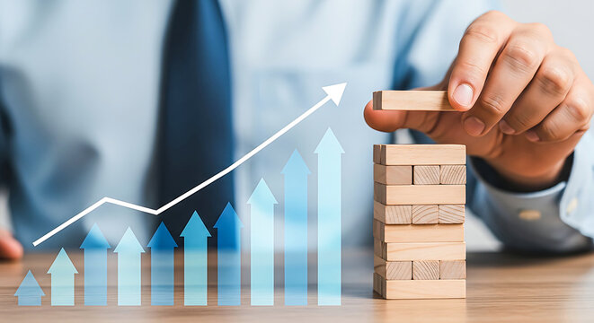 A man builds a tower with blocks on a wooden table