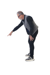 Fototapeta premium side side view of a modern retired man standing pointing down on white background