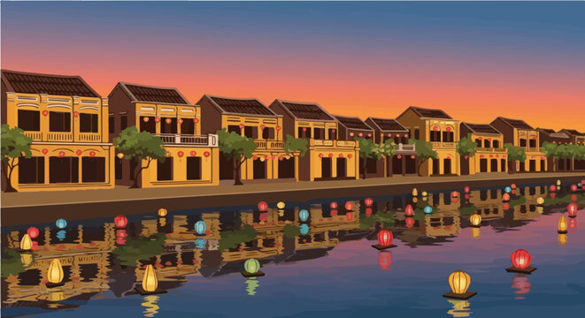 Magical vector cartoon illustration of floating lanterns on vietnam river at night with traditional houses