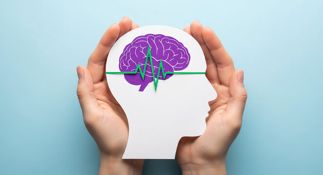 Hands holding white paper head silhouette with purple brain and green waveform, representing mental health, neurology, cognition, or psychological concept