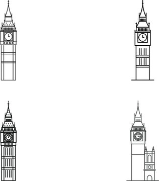Big ben clock tower sketches and line art, iconic london landmark design