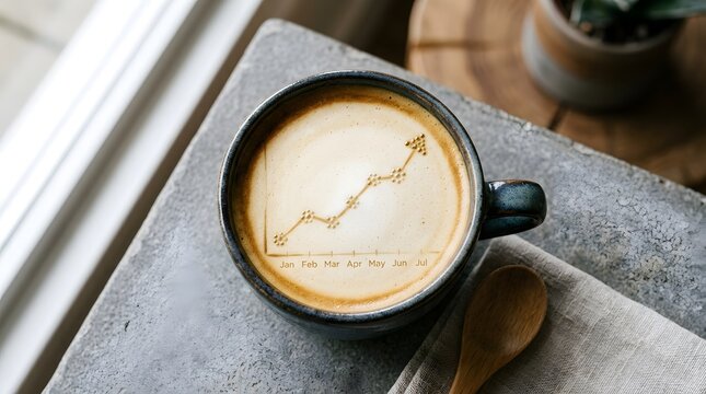 High-angle shot of a coffee cup with a milk foam graph illustrating business progress and a timeline from January to May on a light-blue wooden surface.