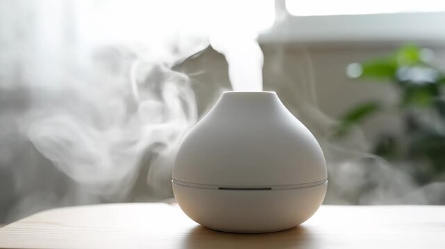 White essential oil diffuser emits fragrant steam in a bright room with natural light, surrounded by green plants and soft furnishings on a wooden table