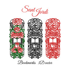 Vector bookmarks for 3D printing, Sant Jordi, roses and books. Vector illustration