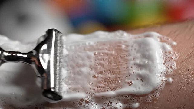 Close-up of a hand holding a razor gliding over a lathered arm, showcasing the shaving process with foam and skin visible in a colorful background setting